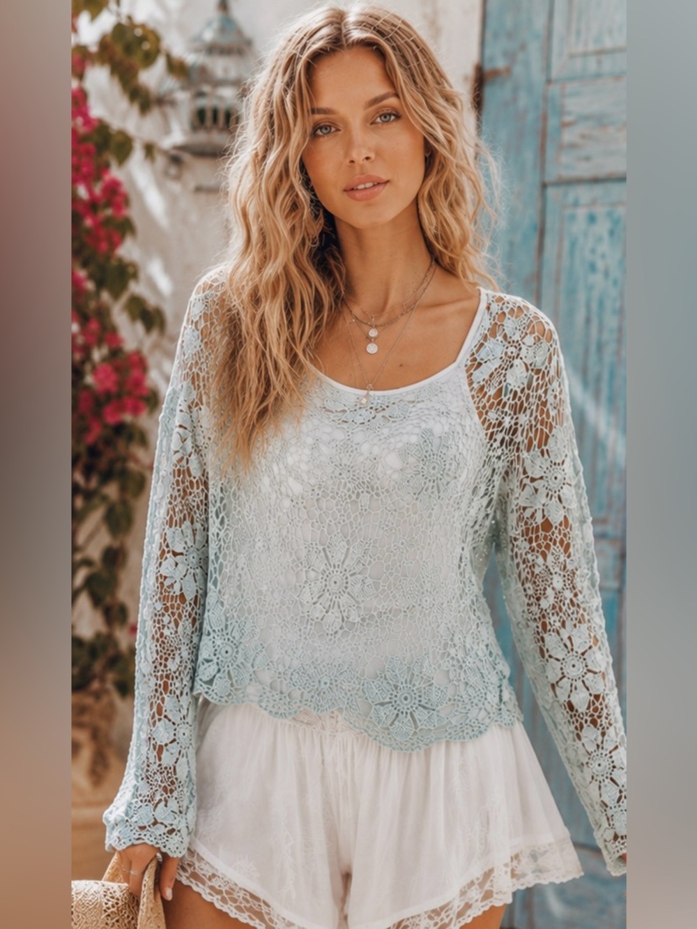 Chadwicks Mint Ombre Crochet Floral Top | Boho Beachwear Cottagecore | M